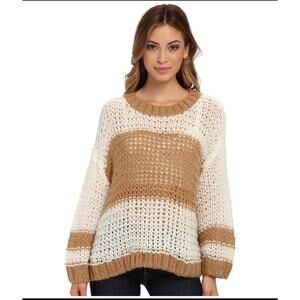 Free People Womens L Tan Ivory Colorblock Open Knit Pullover Boho Sweater Top